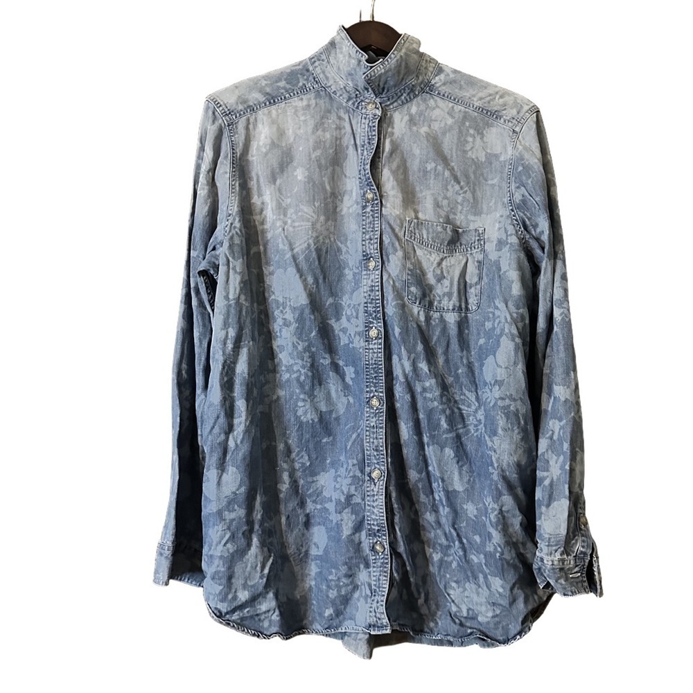 Eddie Bauer Women's Button Up Long Sleeve Blue Indigo Dyed Floral Size Tall 2XL
